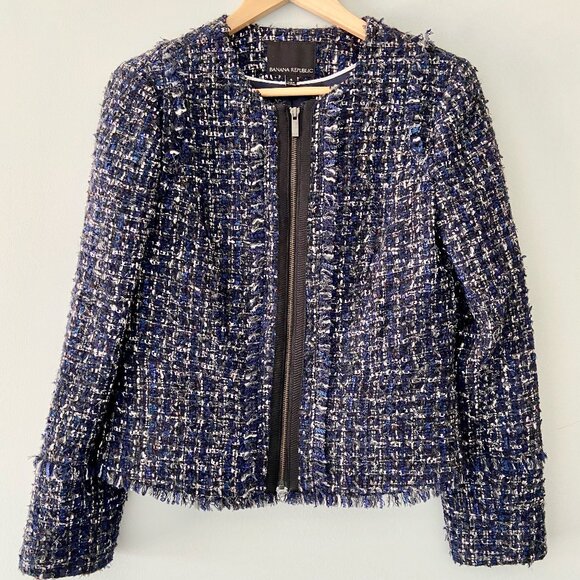 BANANA REPUBLIC Blue, Black and White Boucle Jacket - Size 4 - Picture 1 of 4